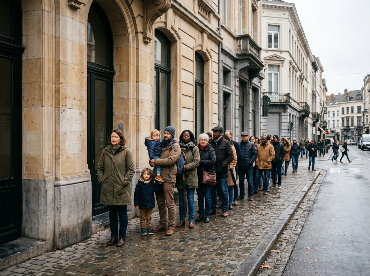 File d'attente ordonnée de visiteurs adultes et familles devant une entrée culturelle à Bruxelles