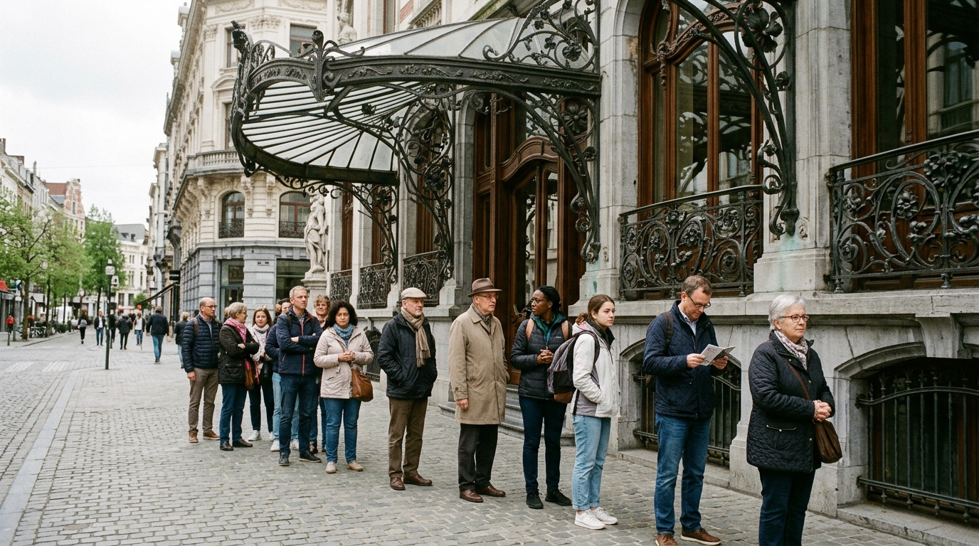 File calme de visiteurs sous l'architecture Art Nouveau de Bruxelles, sans nom de musée visible