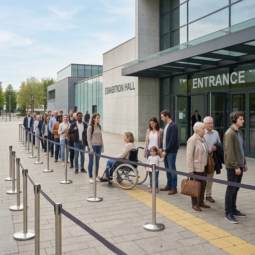 File d'attente accessible et espacée à l'entrée d'une exposition générique à Bruxelles